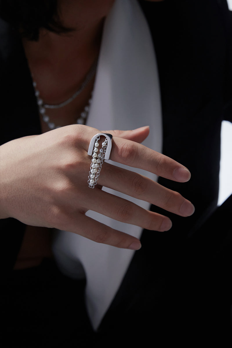 Flowing Tassel Pearl Chain Ring | Faux Pearl Draped Metal Ring for Women