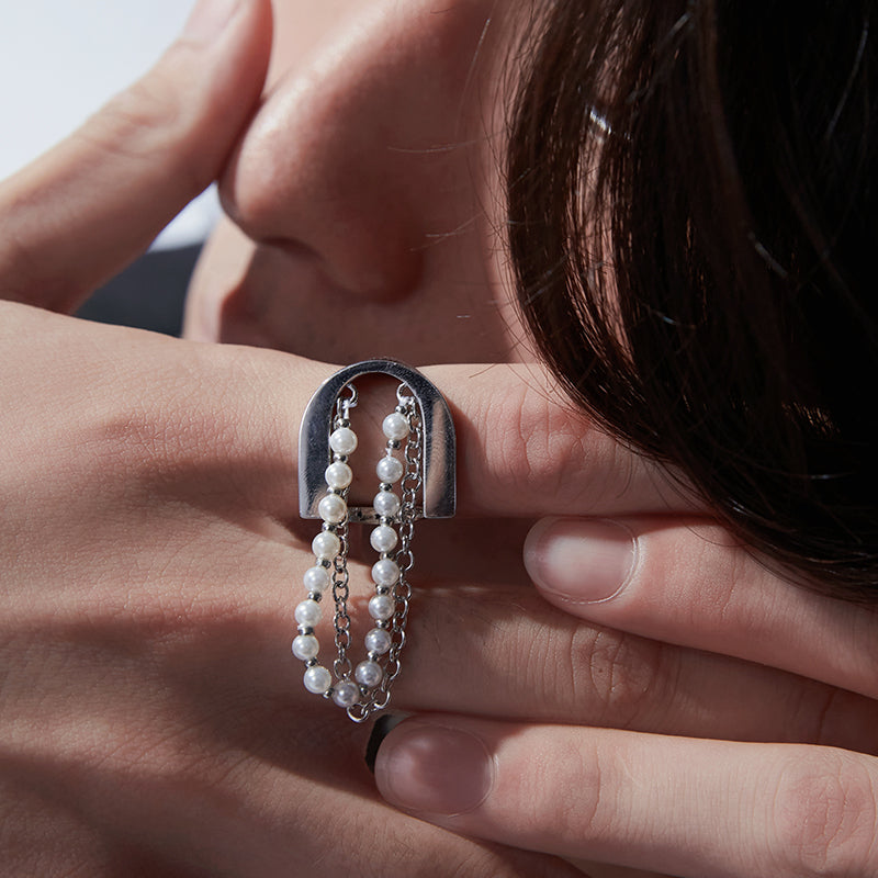 Flowing Tassel Pearl Chain Ring | Faux Pearl Draped Metal Ring for Women