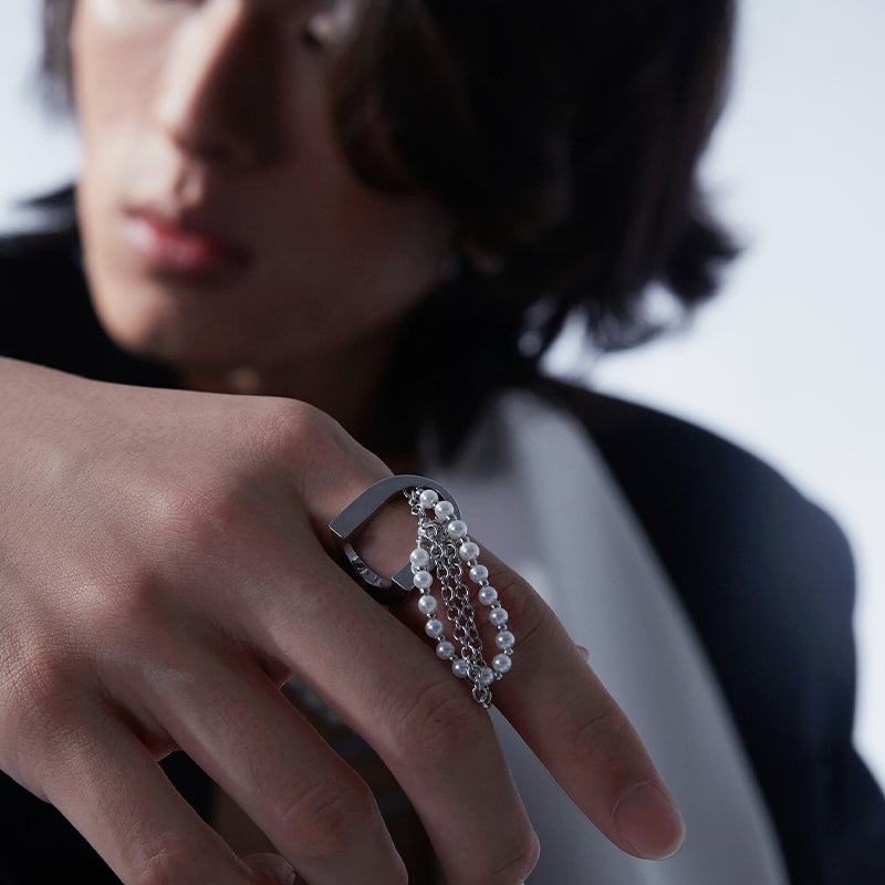 Flowing Tassel Pearl Chain Ring | Faux Pearl Draped Metal Ring for Women