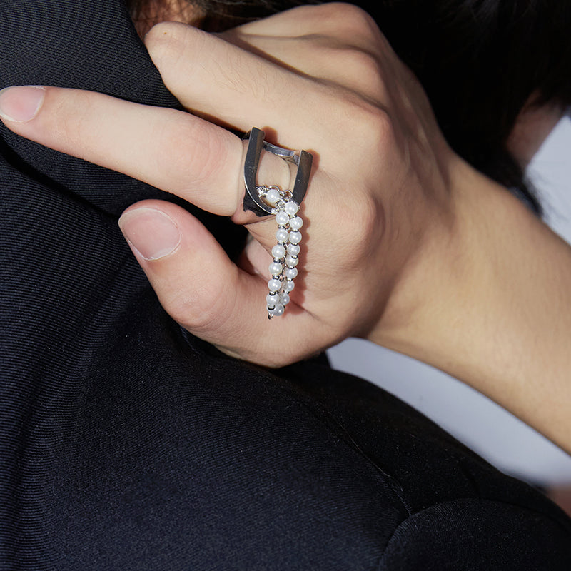 Flowing Tassel Pearl Chain Ring | Faux Pearl Draped Metal Ring for Women