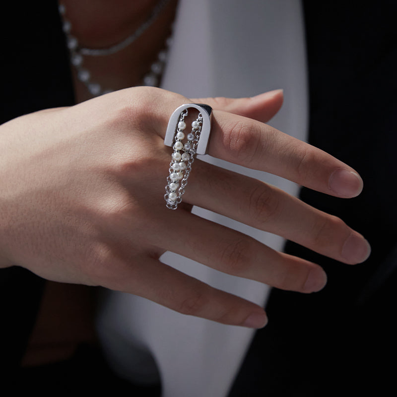 Flowing Tassel Pearl Chain Ring | Faux Pearl Draped Metal Ring for Women