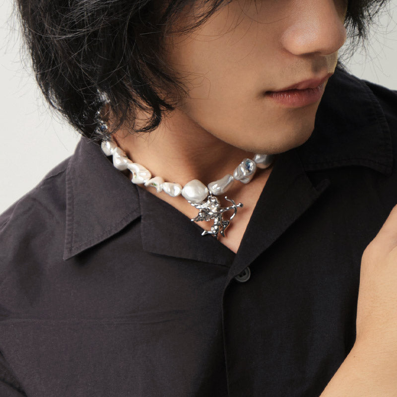 Cupid Archer Pearl Necklace | Fairy Sprite Pendant with Baroque Pearl