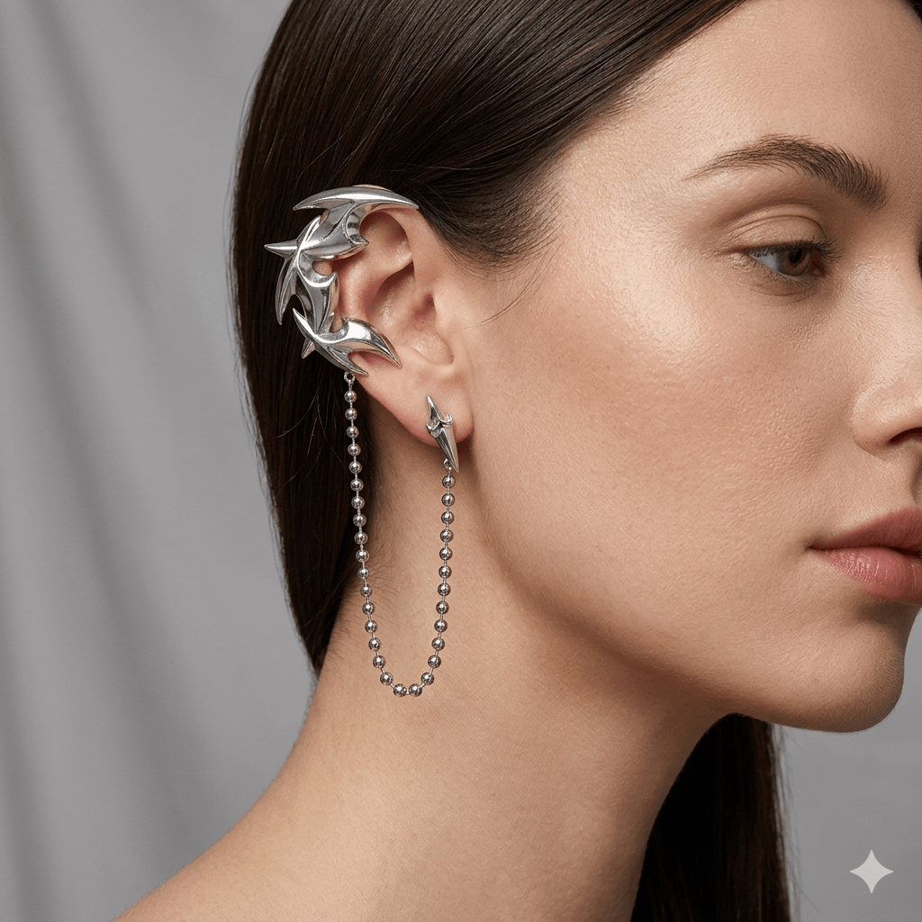 Dart Tassel Ear Cuff with Stud | Y2K Flowing Earring Set in Plated Metal - VAJRARA