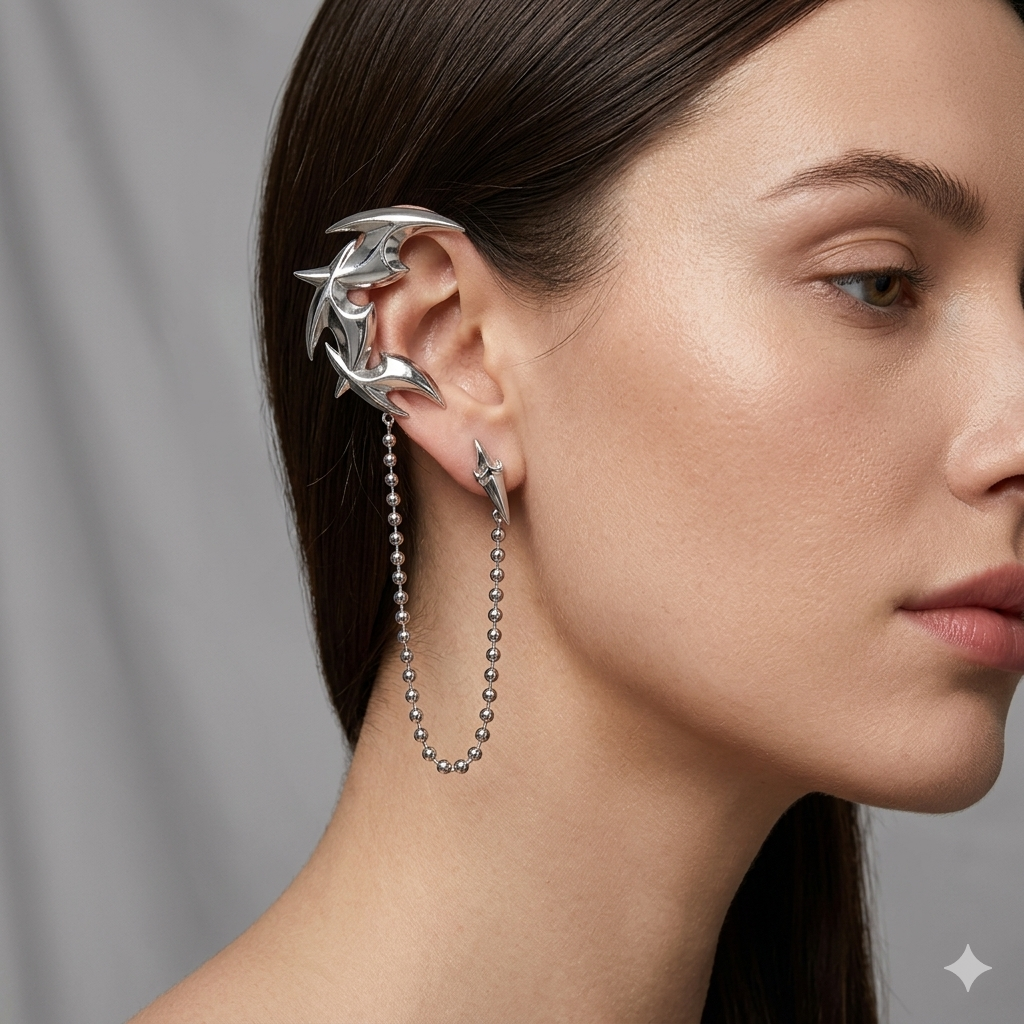 Dart Tassel Ear Cuff with Stud | Y2K Flowing Earring Set in Plated Metal