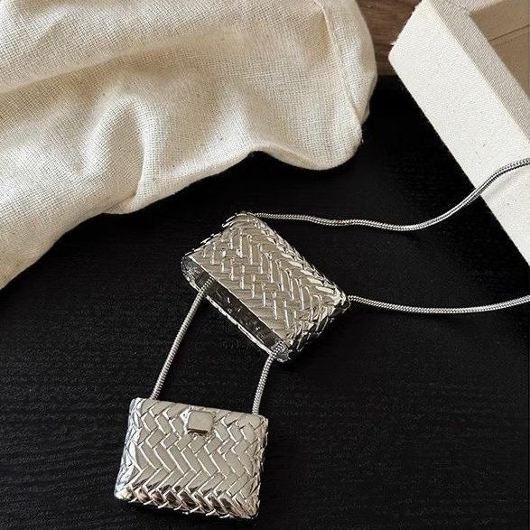 Woven Metal Purse Necklace | Long Chain Handbag Pendant in Plated Metal