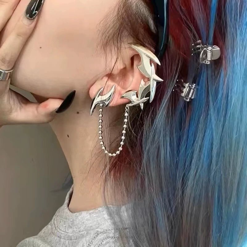 Dart Tassel Ear Cuff with Stud | Y2K Flowing Earring Set in Plated Metal - VAJRARA
