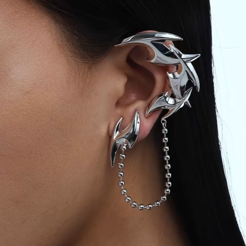 Dart Tassel Ear Cuff with Stud | Y2K Flowing Earring Set in Plated Metal - VAJRARA